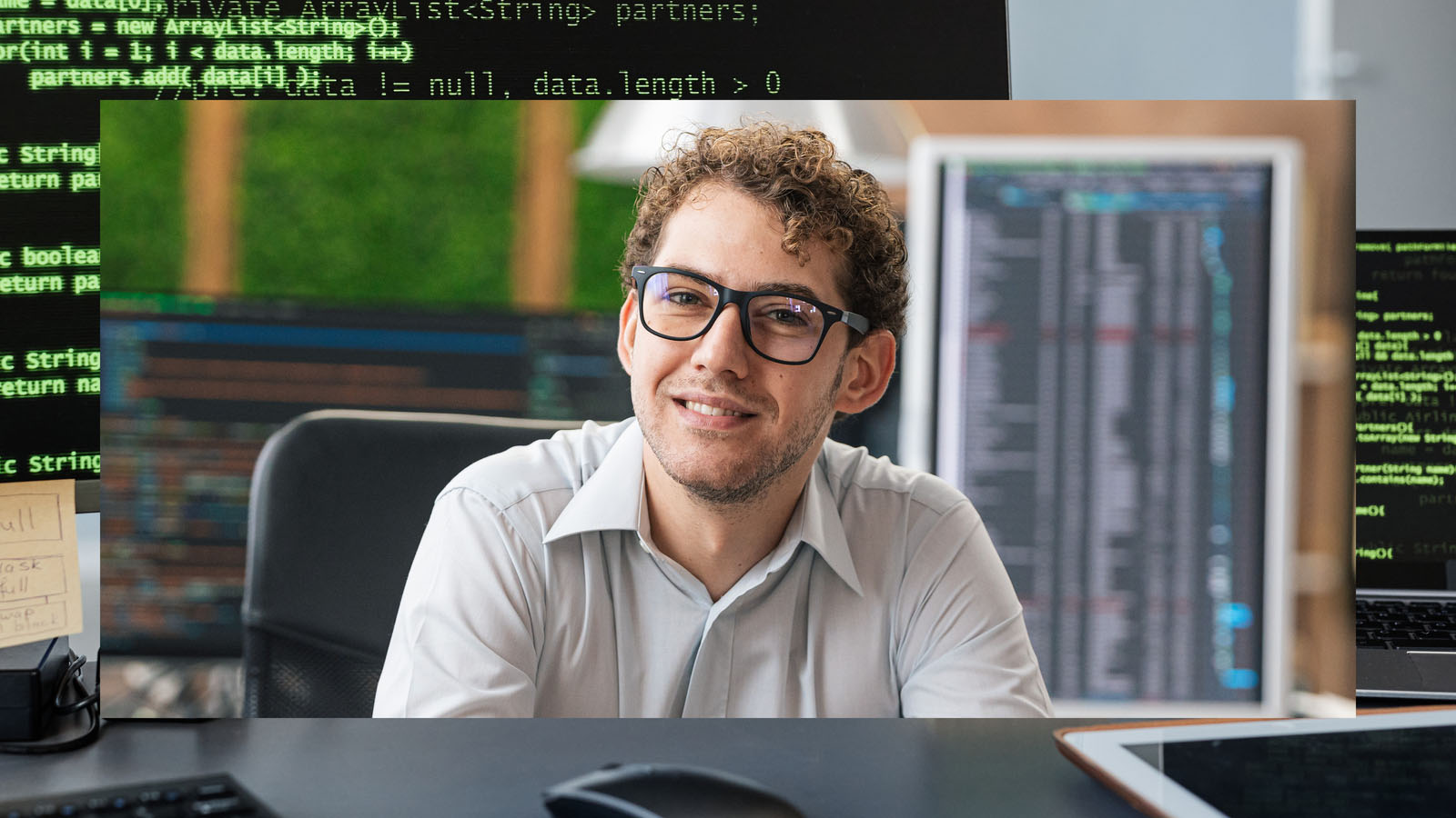 Portrait of smiling IT Programmer sitting near desktop computers.