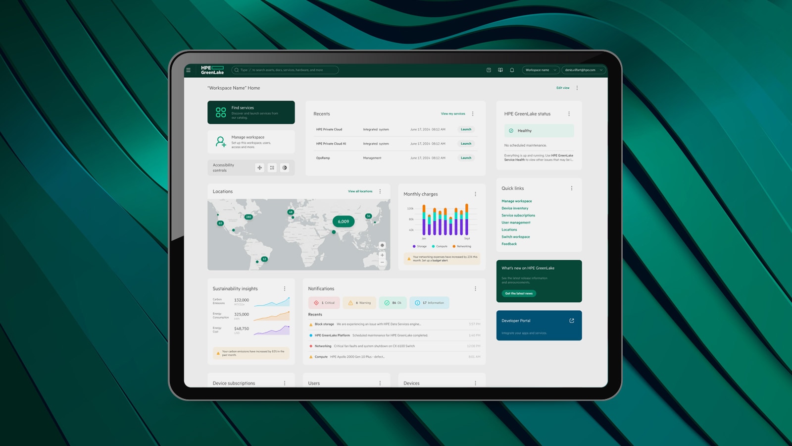 Capture d’écran de l’interface de HPE GreenLake sur une tablette.